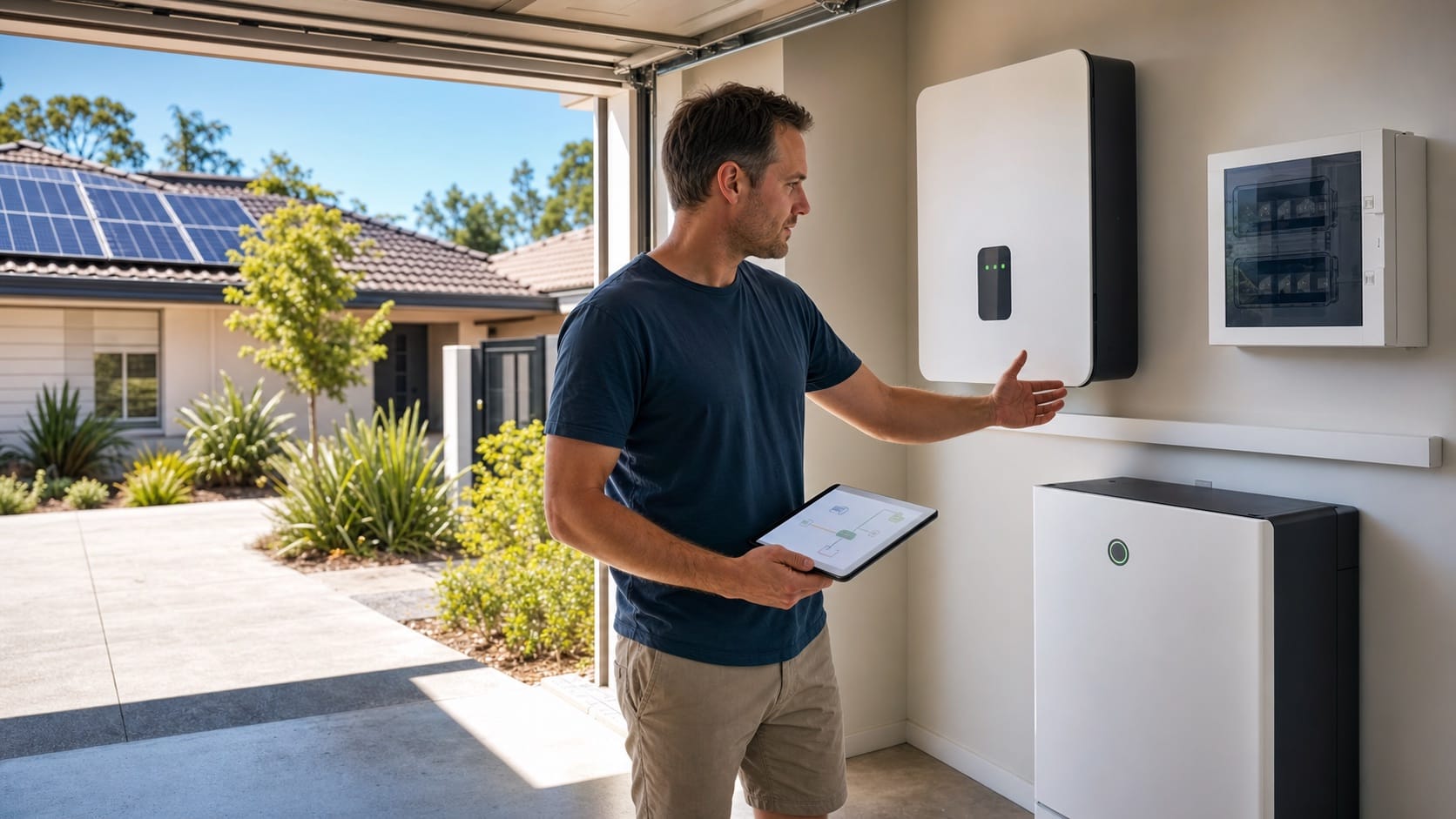 Australian homeowner reviewing solar inverter and home-battery equipment in a bright residential garage