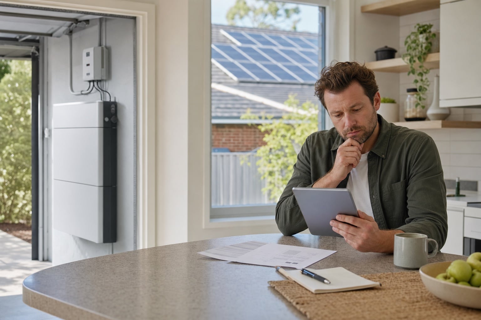 Australian homeowner reviewing a home battery quote beside solar and battery equipment