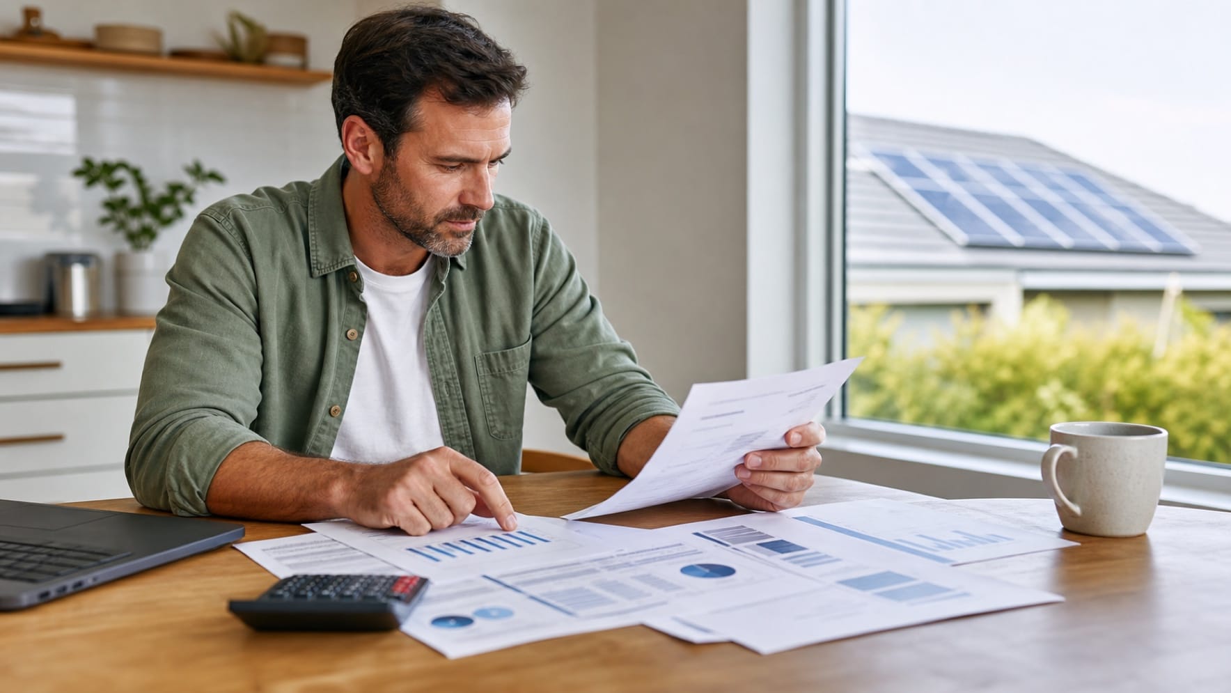 Australian homeowner comparing solar and battery quote documents at a kitchen table with rooftop panels visible outside
