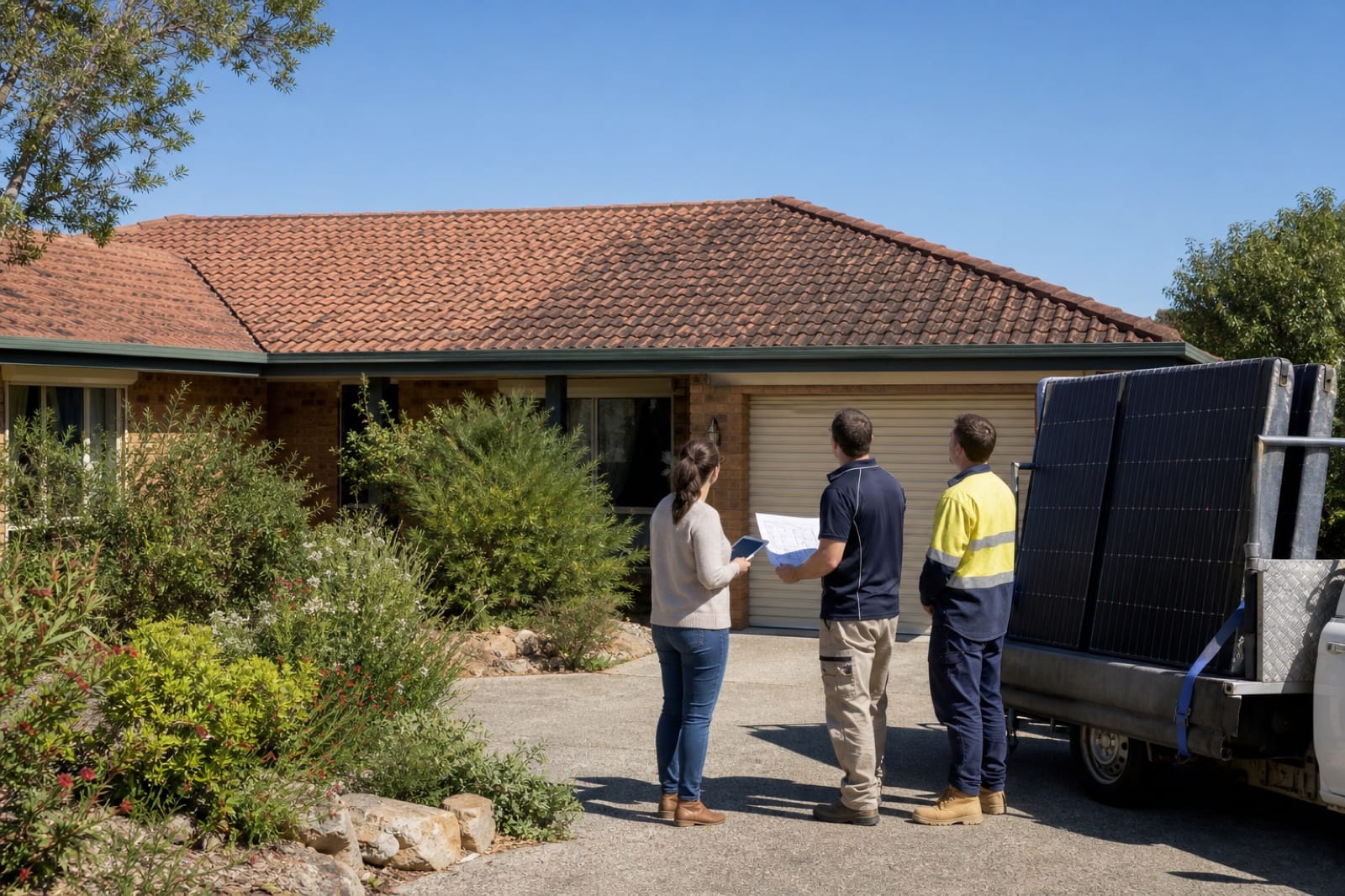 Australian homeowner, roofer and solar installer assessing a tiled roof from the driveway before installation