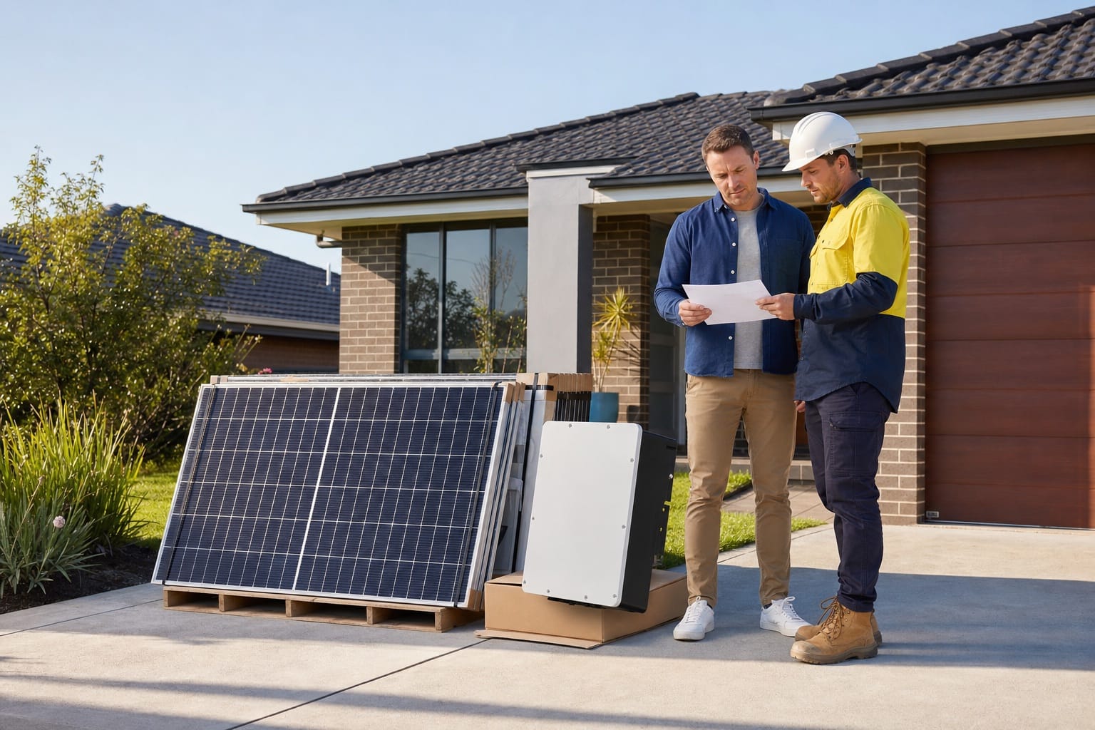 Australian homeowner and solar installer checking equipment against a plan before rooftop solar installation