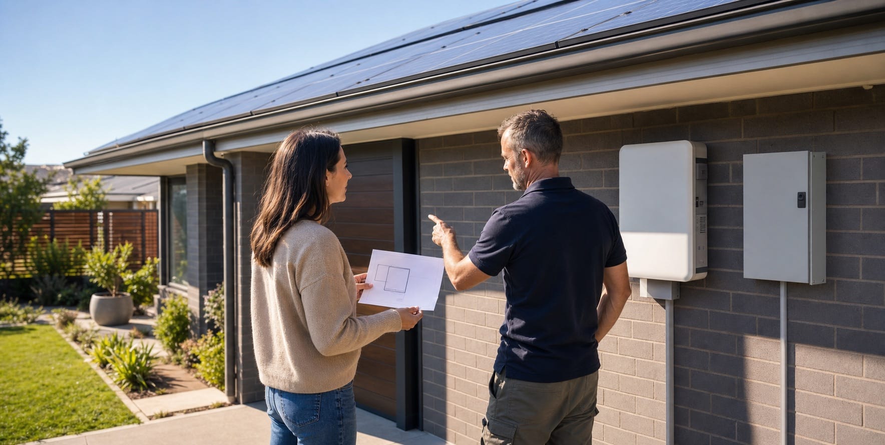 Australian homeowner and installer reviewing a shaded wall location for a solar inverter beside a brick home