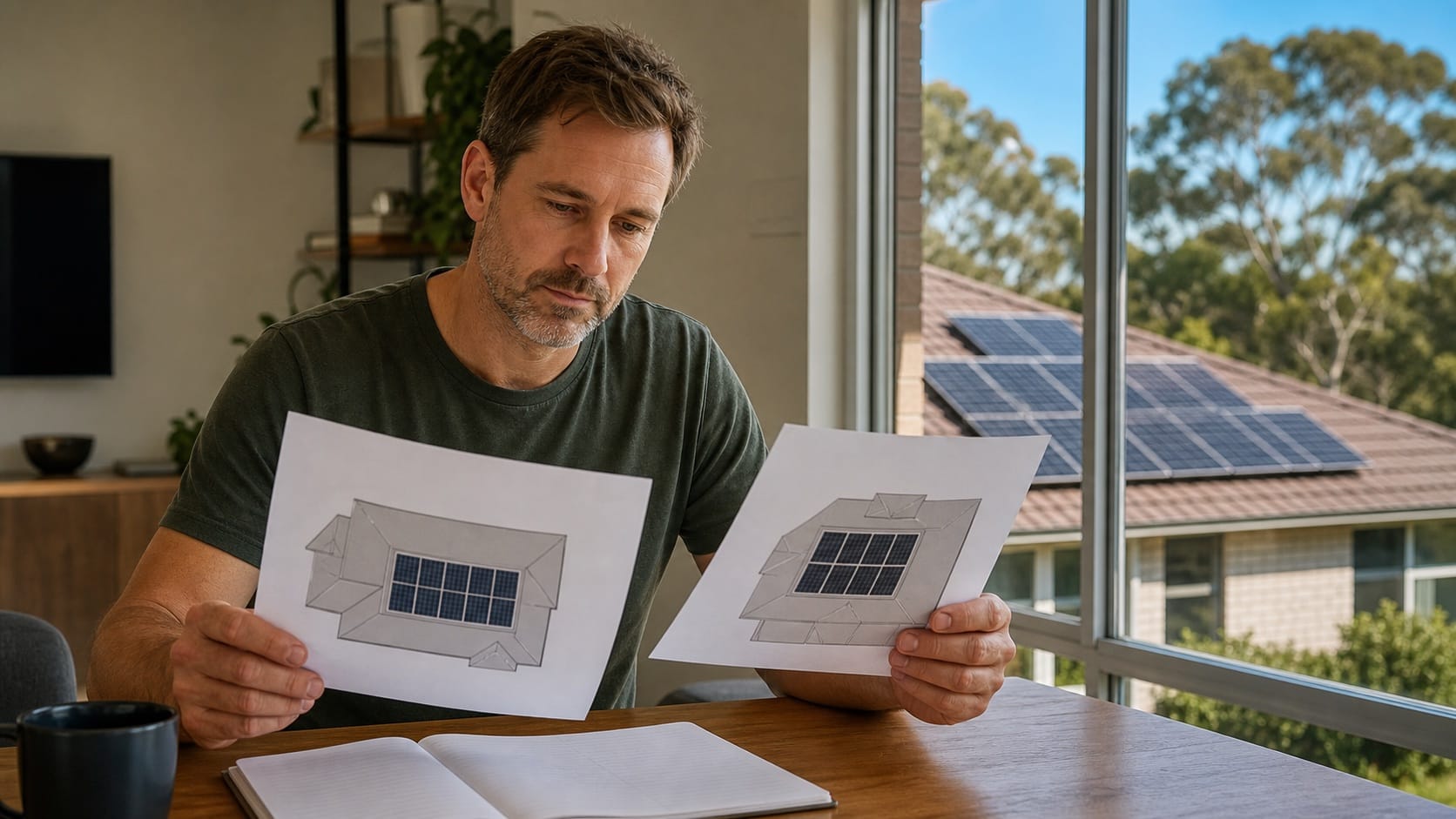 Australian homeowner comparing two rooftop solar panel layout drawings at a kitchen table