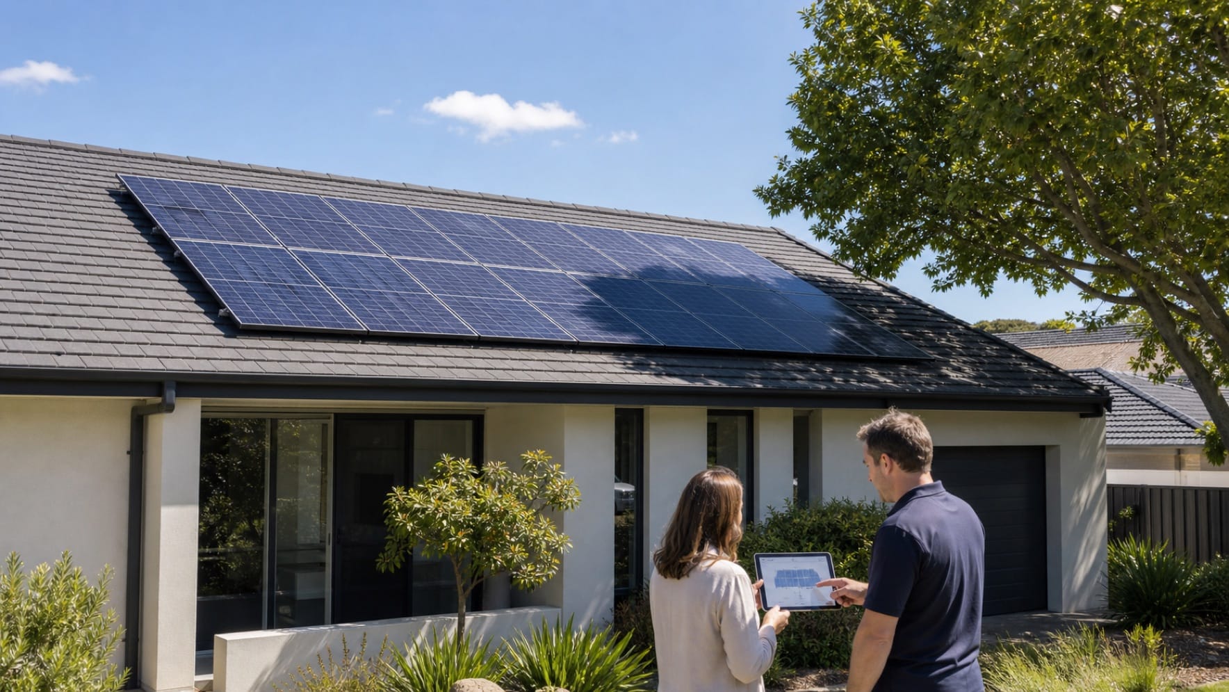 Australian homeowner and solar installer reviewing a roof plan beside solar panels partly shaded by a tree