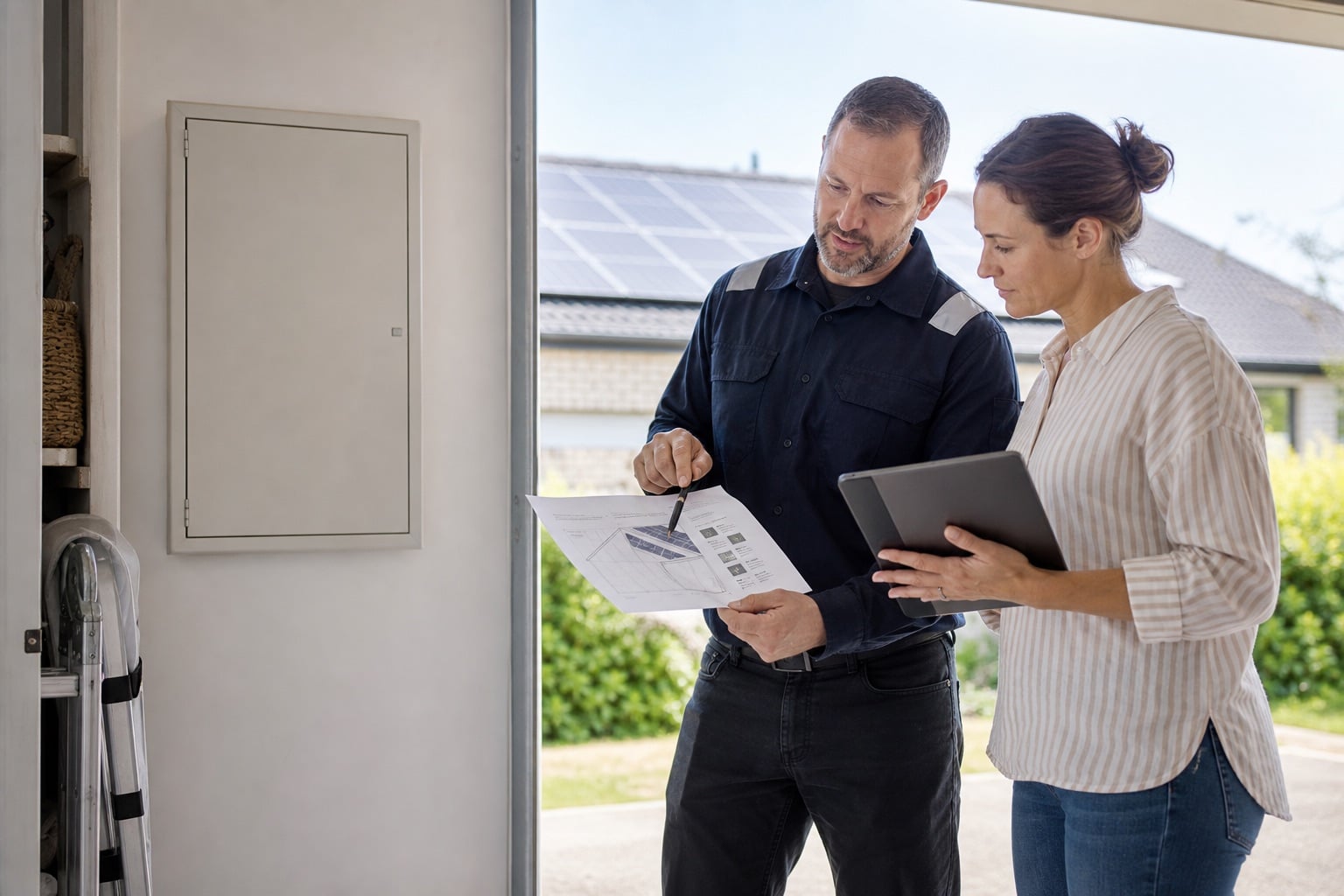 Australian homeowner and electrician reviewing a solar quote beside a closed household switchboard