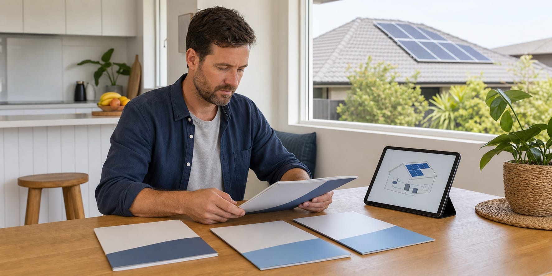 Australian homeowner reviewing solar warranty documents at a table with rooftop panels visible outside