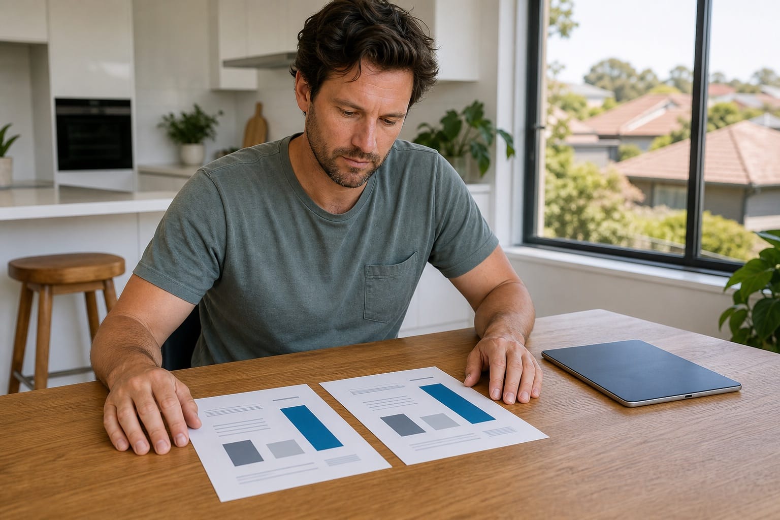 Australian homeowner comparing two generic home battery quote sheets at a kitchen table