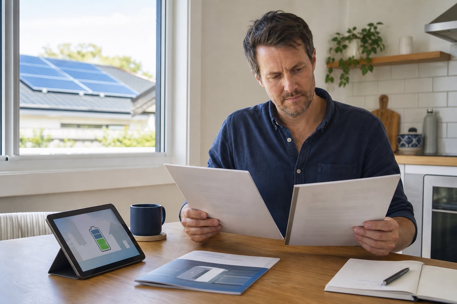 Australian homeowner comparing two generic home-battery warranty documents at a kitchen table