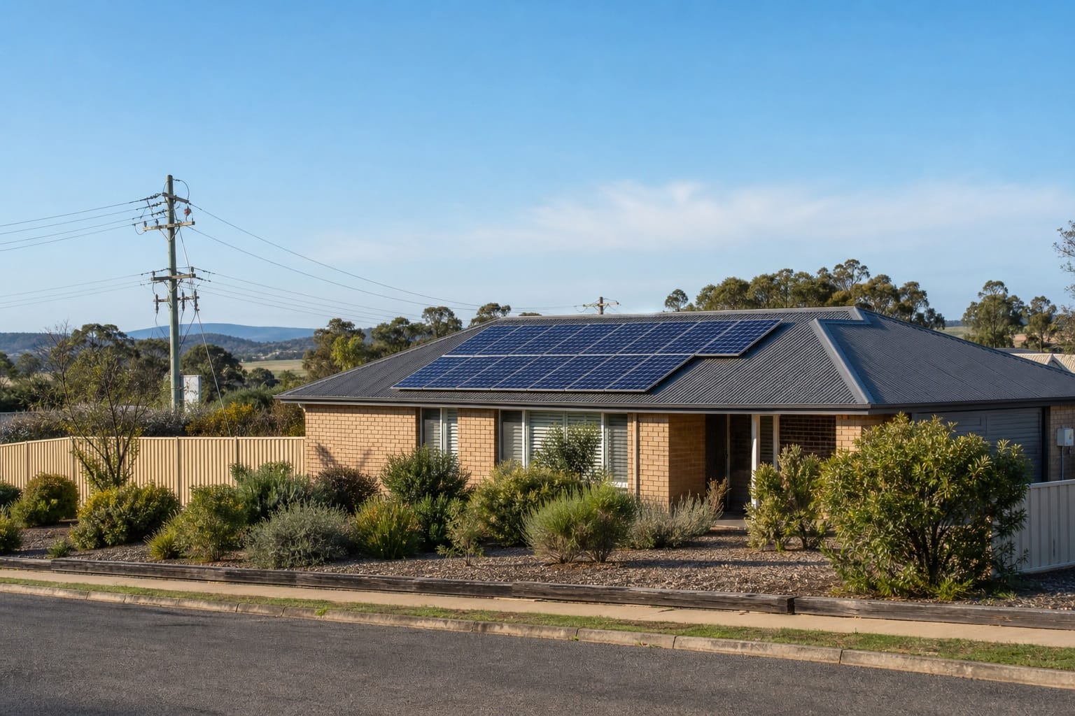 Australian home with rooftop solar beside visible electricity poles and grid lines