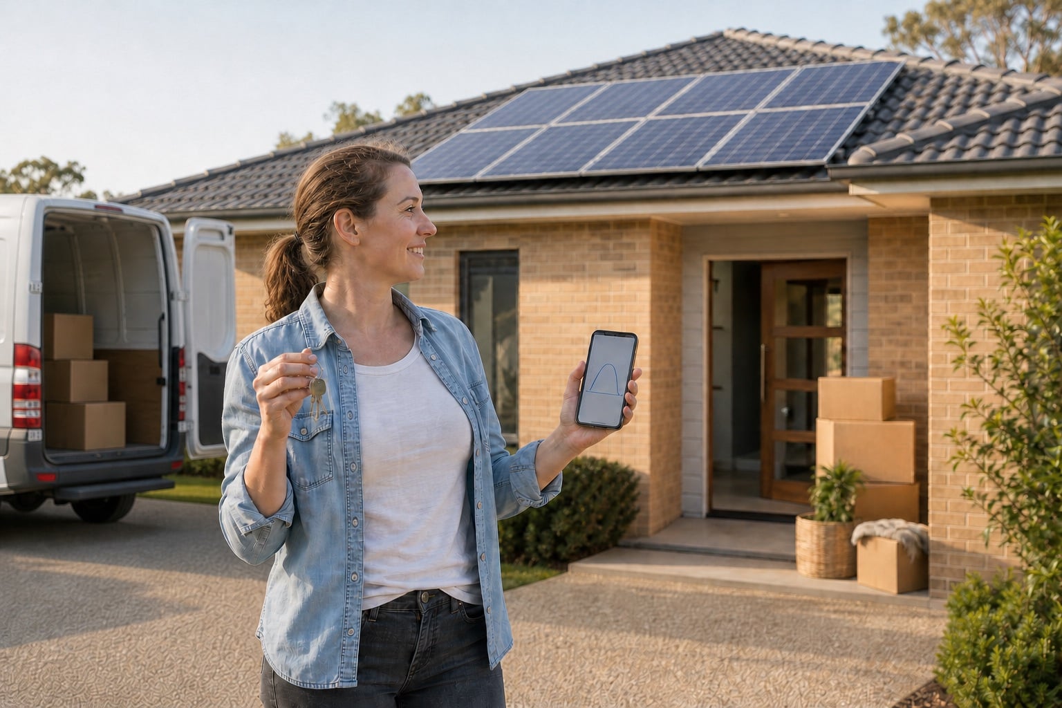 New homeowner holding keys and a solar monitoring phone outside a house with rooftop panels and a moving van