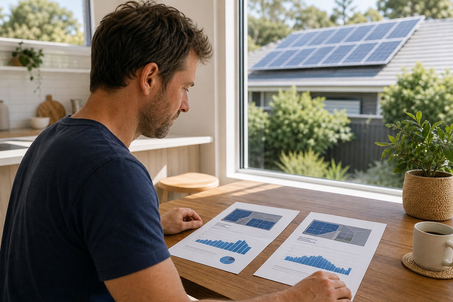 Australian homeowner comparing two solar quote generation charts at a kitchen table