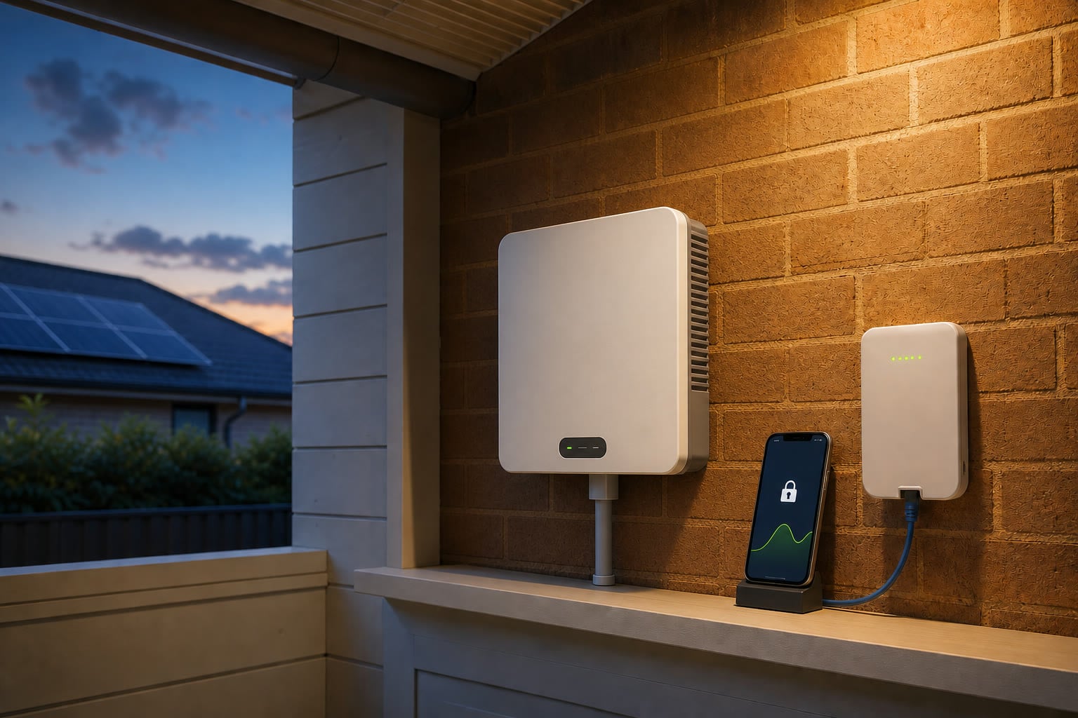 Unbranded solar inverter, Wi-Fi gateway and phone with a padlock icon in an Australian home utility alcove
