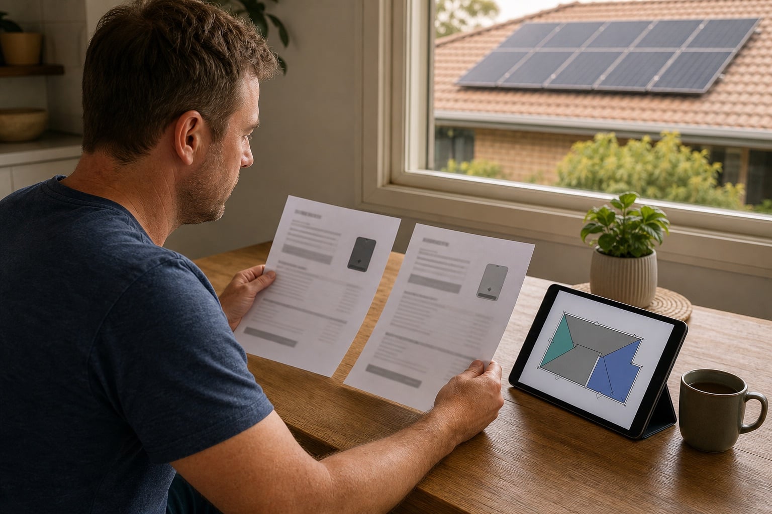 Australian homeowner comparing two solar proposals beside a tablet showing a multi-section roof layout