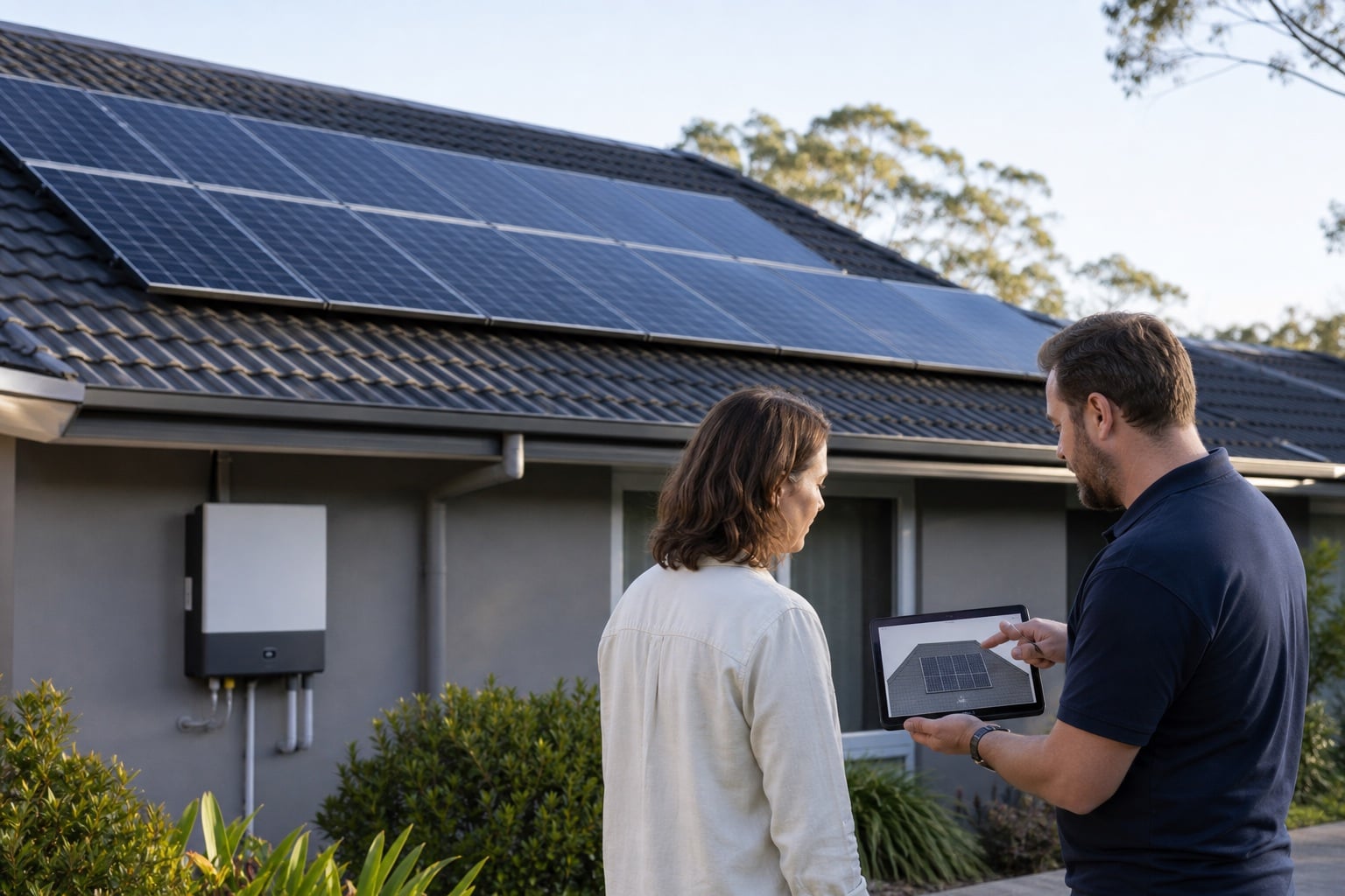 Homeowner and solar consultant reviewing a rooftop panel layout beside an Australian home