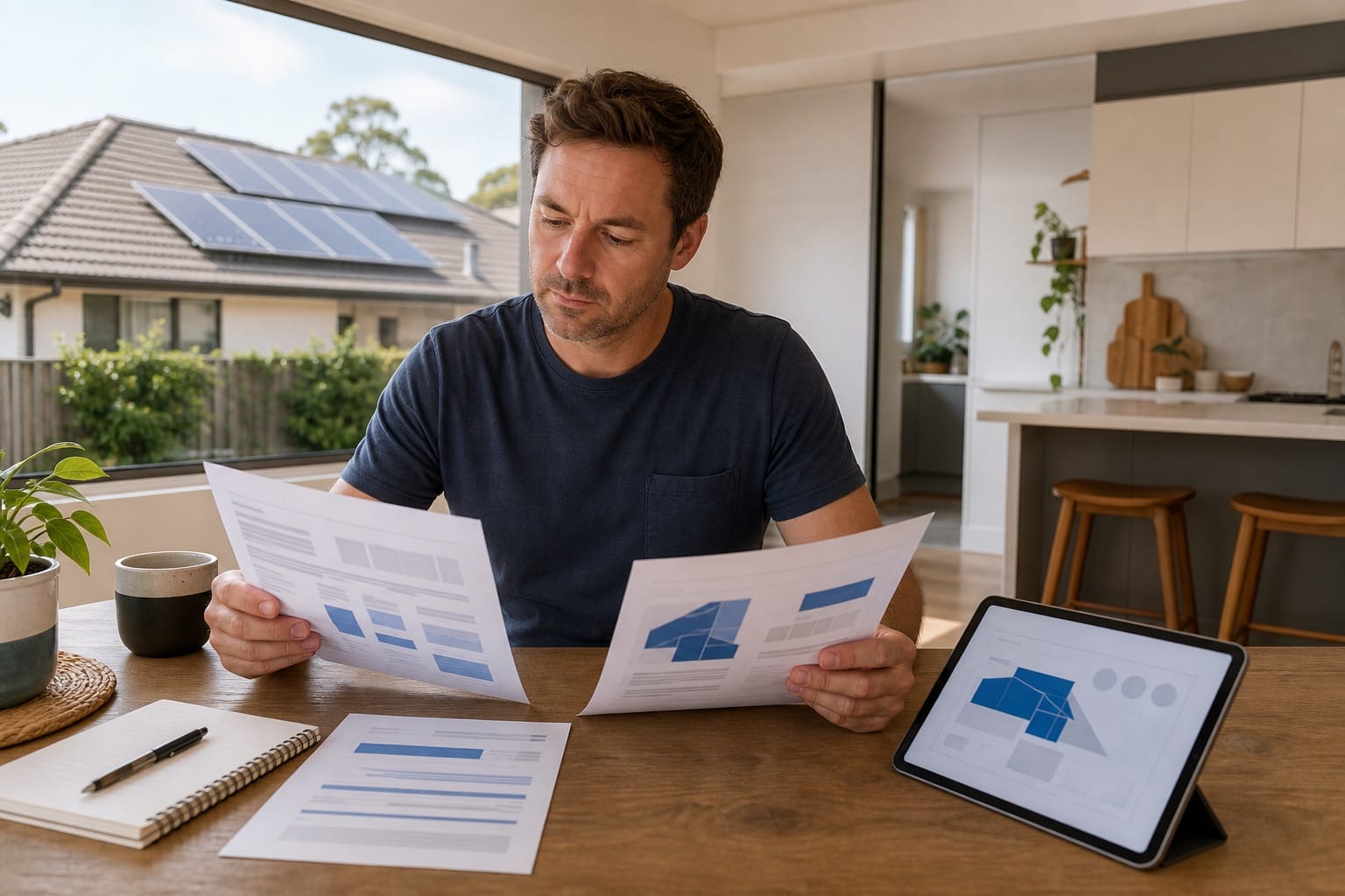 Australian homeowner comparing original and revised rooftop solar proposals at a kitchen table