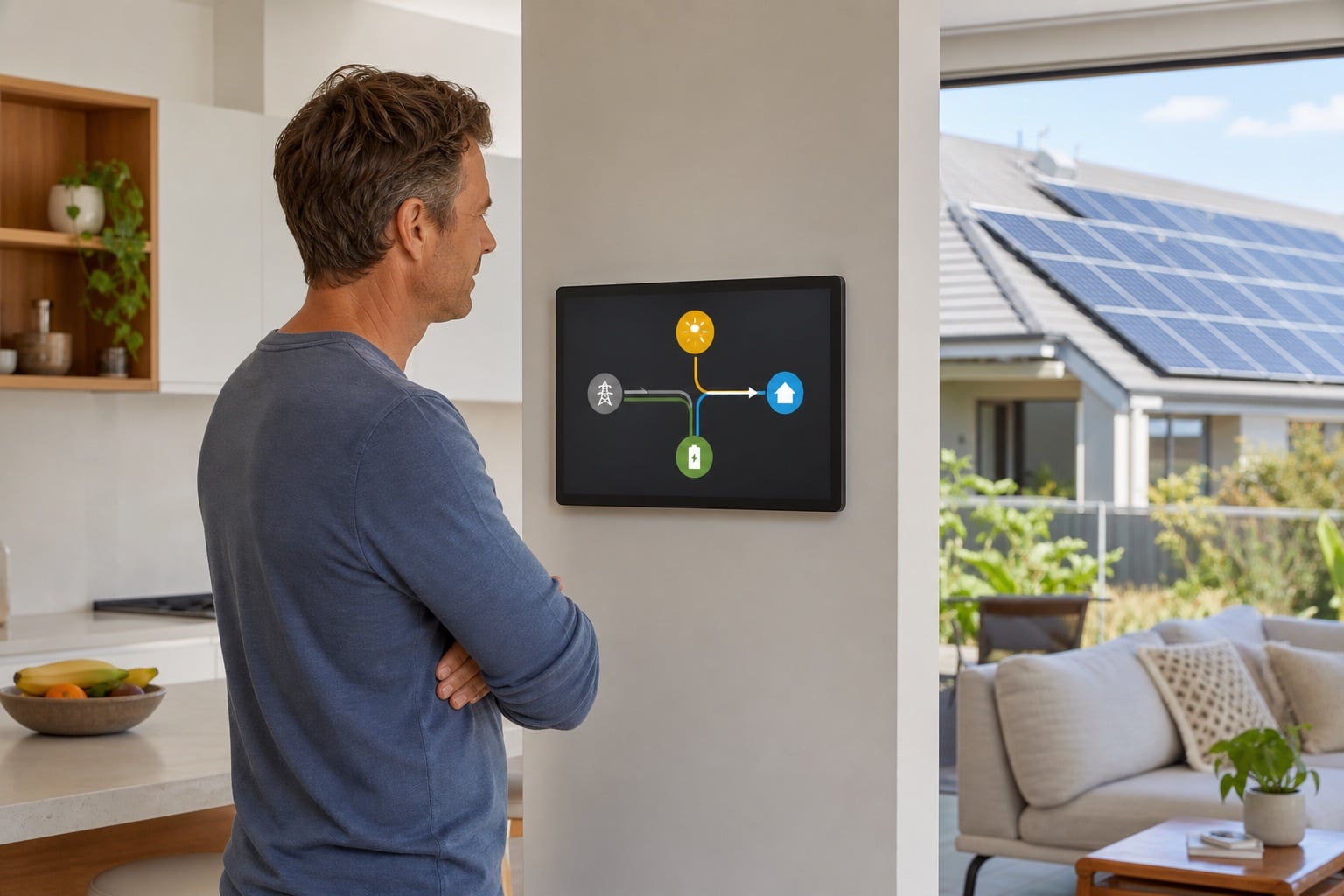 Homeowner viewing a text-free household energy flow display beside a sunlit Australian home with rooftop solar