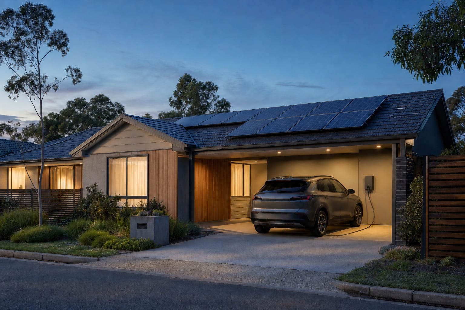 Generic electric vehicle connected to a home charger beside an Australian house with rooftop solar at dusk