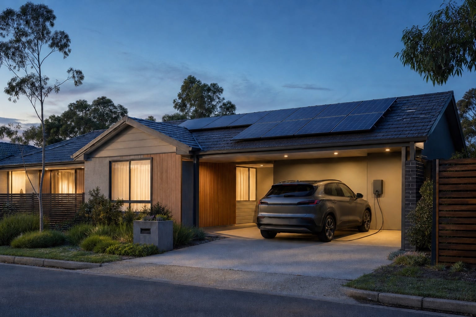 Generic electric vehicle connected to a home charger beside an Australian house with rooftop solar at dusk