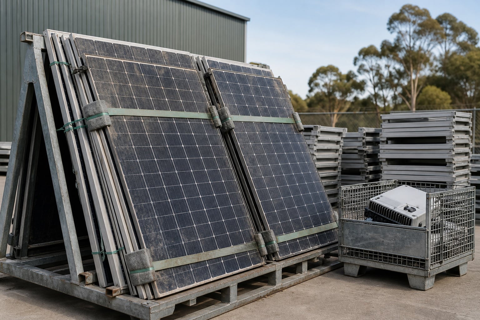 Weathered solar panels secured on a recycling transport rack beside a retired inverter at an Australian materials recovery yard