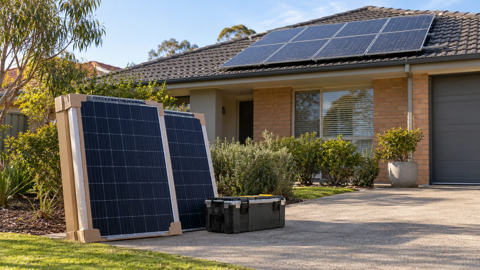 New unbranded solar panels staged on the ground beside a home with an existing rooftop solar array