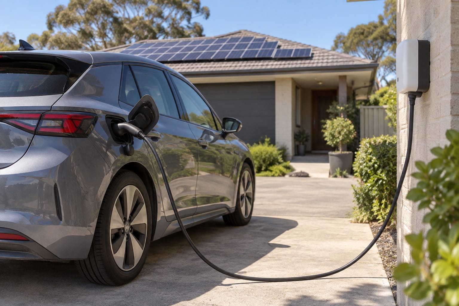 Unbranded electric car charging in a suburban driveway with rooftop solar panels visible behind it
