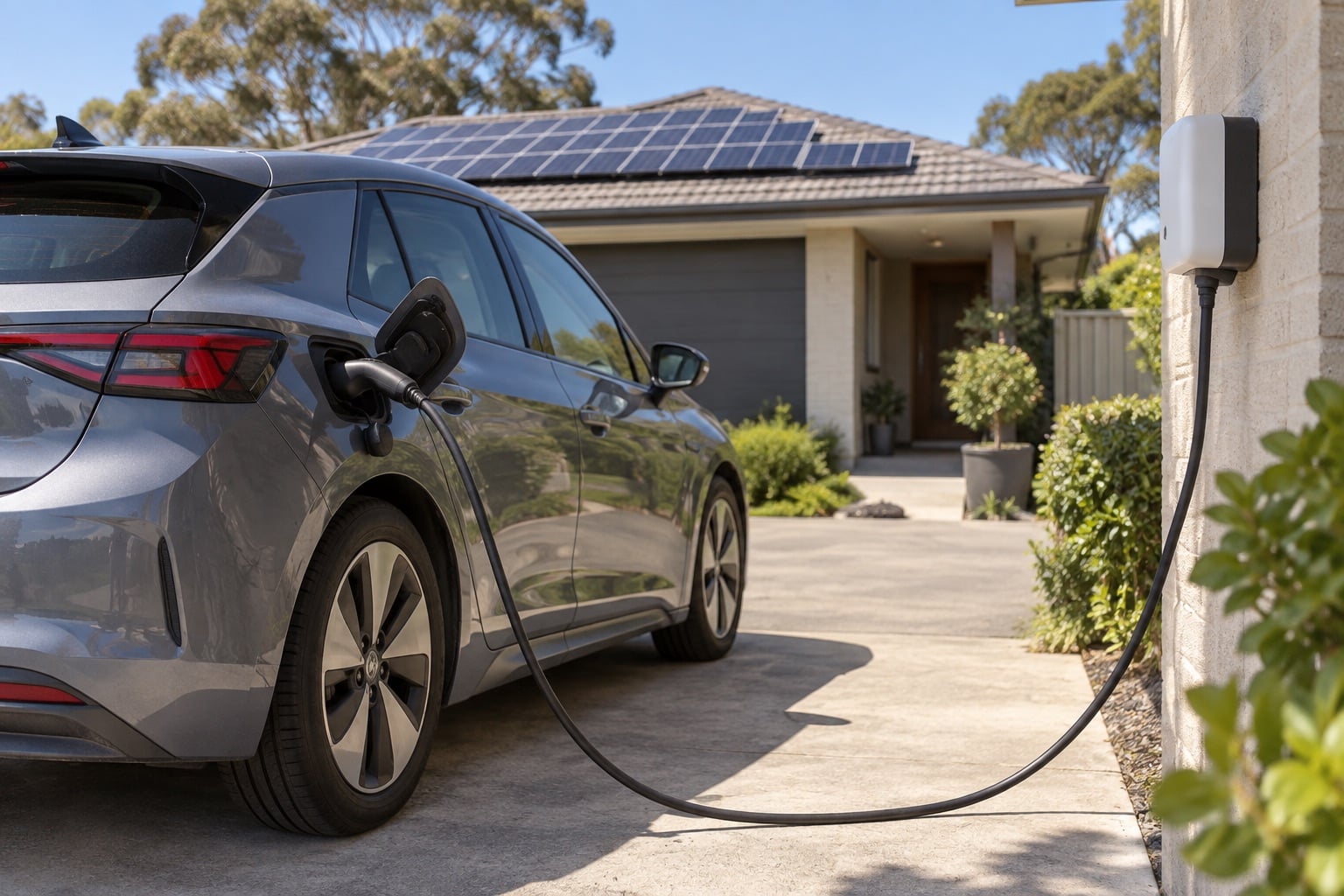 Unbranded electric car charging in a suburban driveway with rooftop solar panels visible behind it