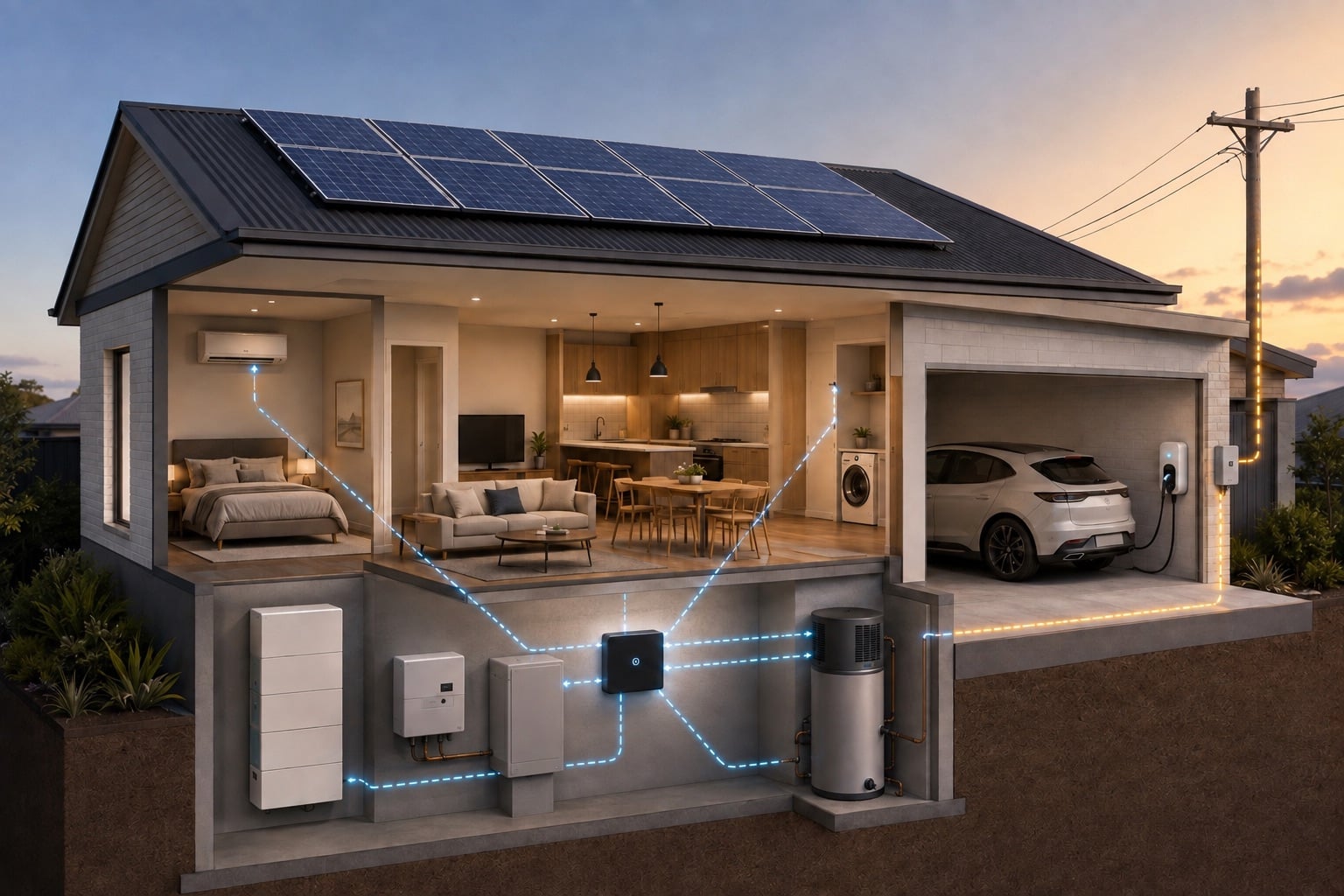 Cutaway Australian home showing one energy controller coordinating rooftop solar, a battery, hot water, air conditioning and EV charging