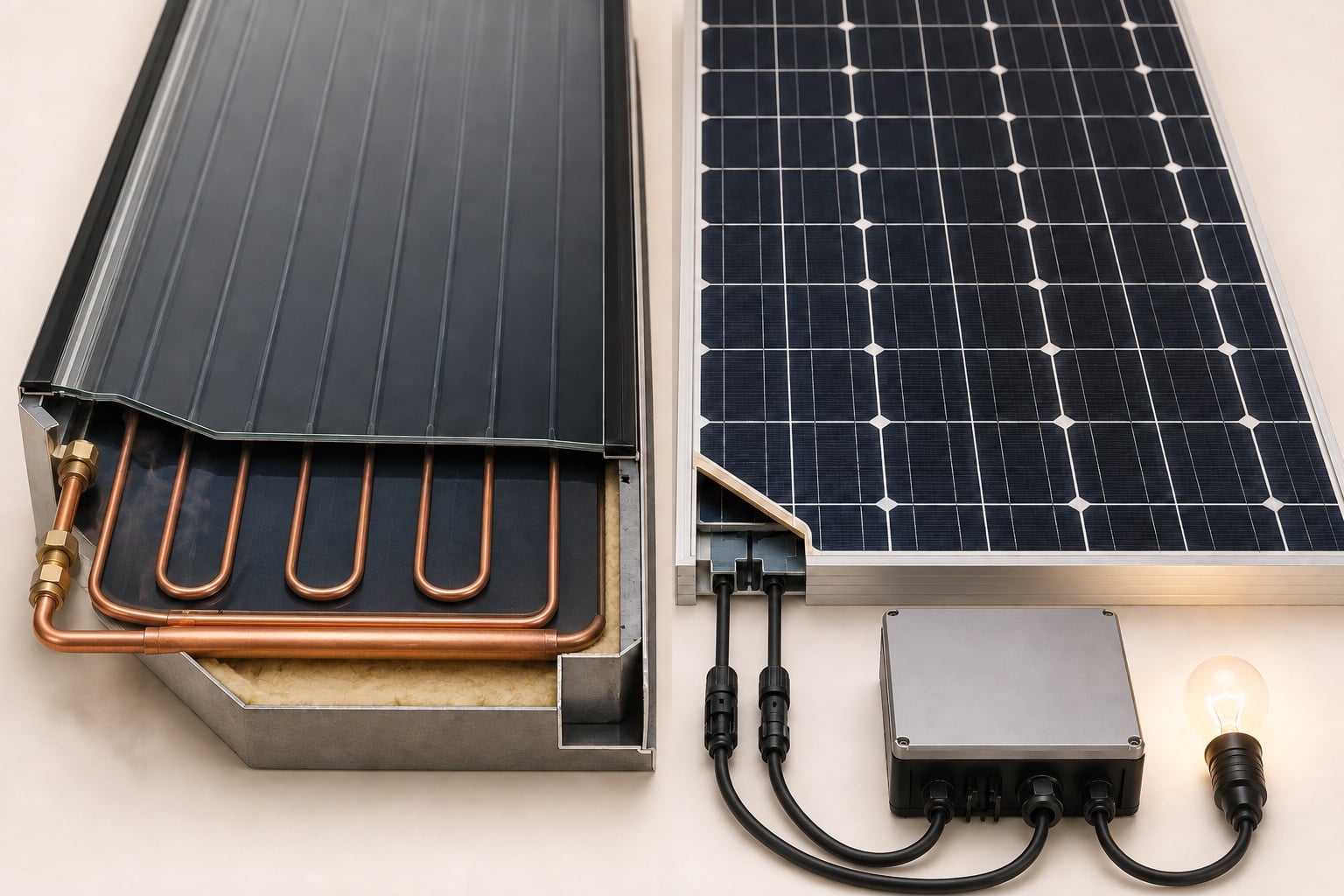Cutaway comparison of a solar thermal collector with copper water pipes and a solar PV panel with electrical cables