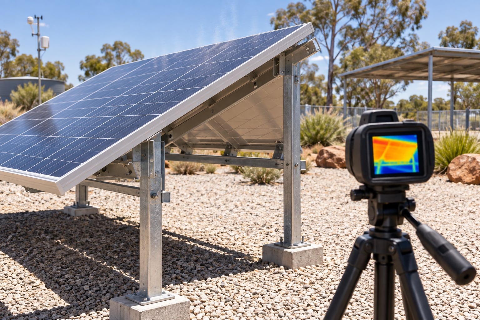 Ground-mounted solar panel being checked with a thermal camera in a sunny Australian test yard