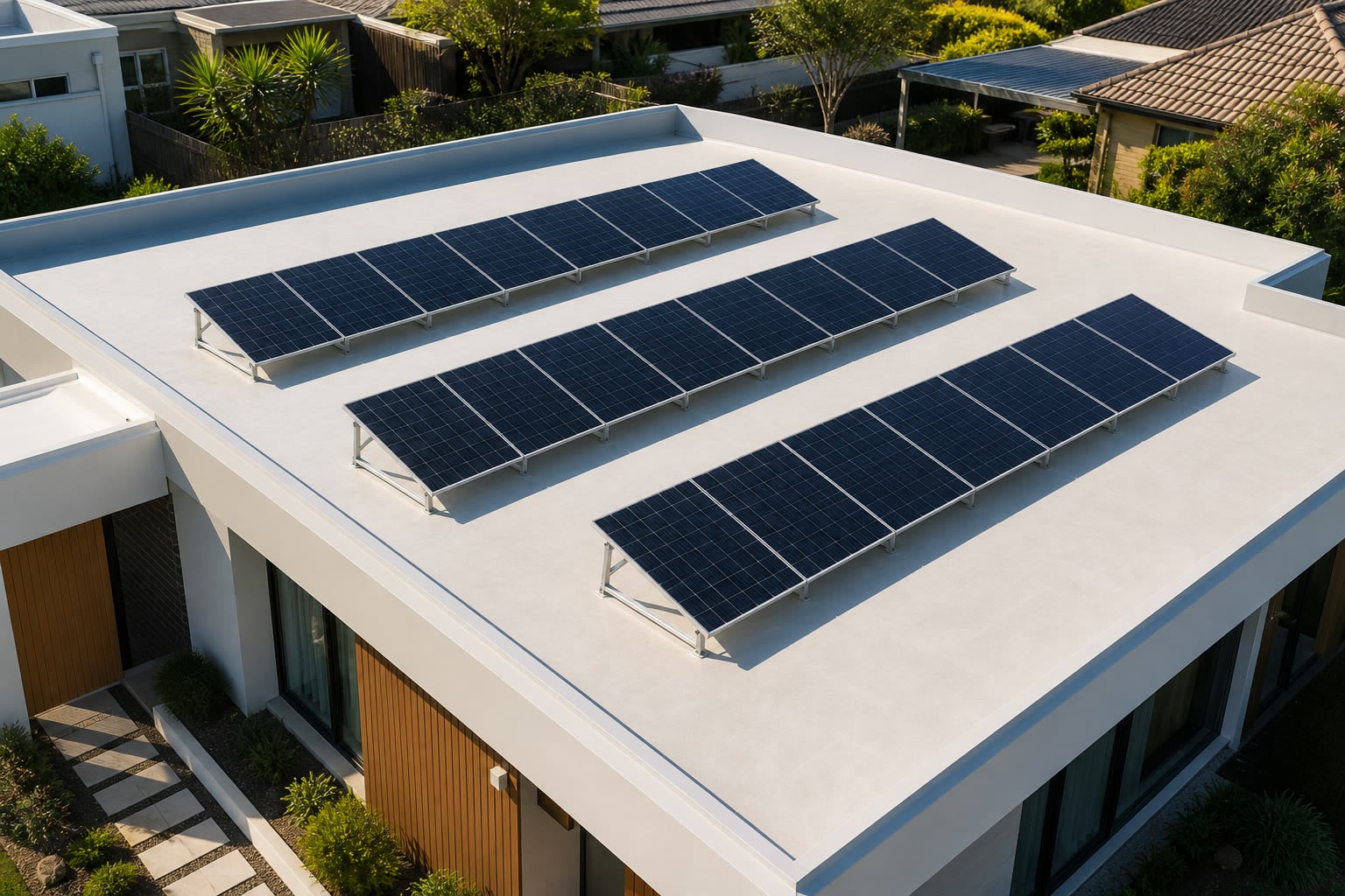 Aerial oblique view of solar panel rows on tilt frames across a flat Australian house roof