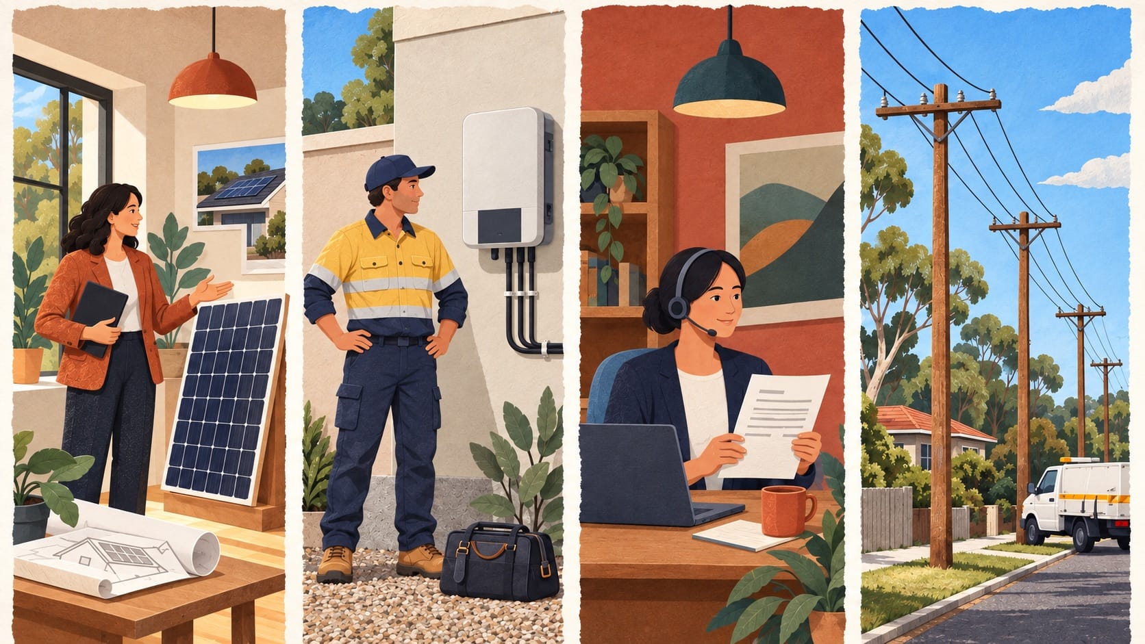 Four illustrated scenes showing a solar seller, installer, electricity customer-service worker and local poles-and-wires network