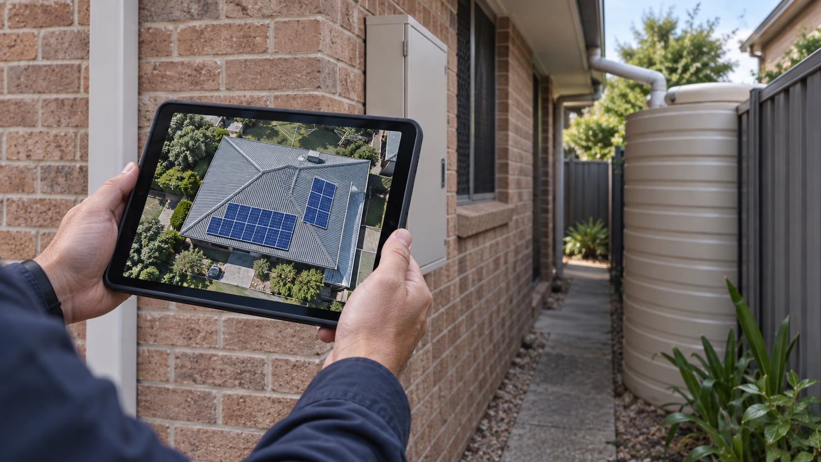 Assessor holding a tablet with a proposed rooftop solar layout beside a narrow brick-house passage and rainwater tank