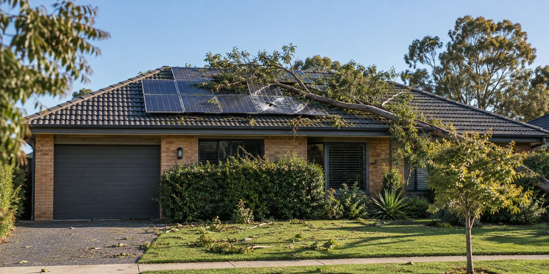 Fallen tree branch resting across a rooftop solar array with one visibly cracked panel, viewed from the street after a storm