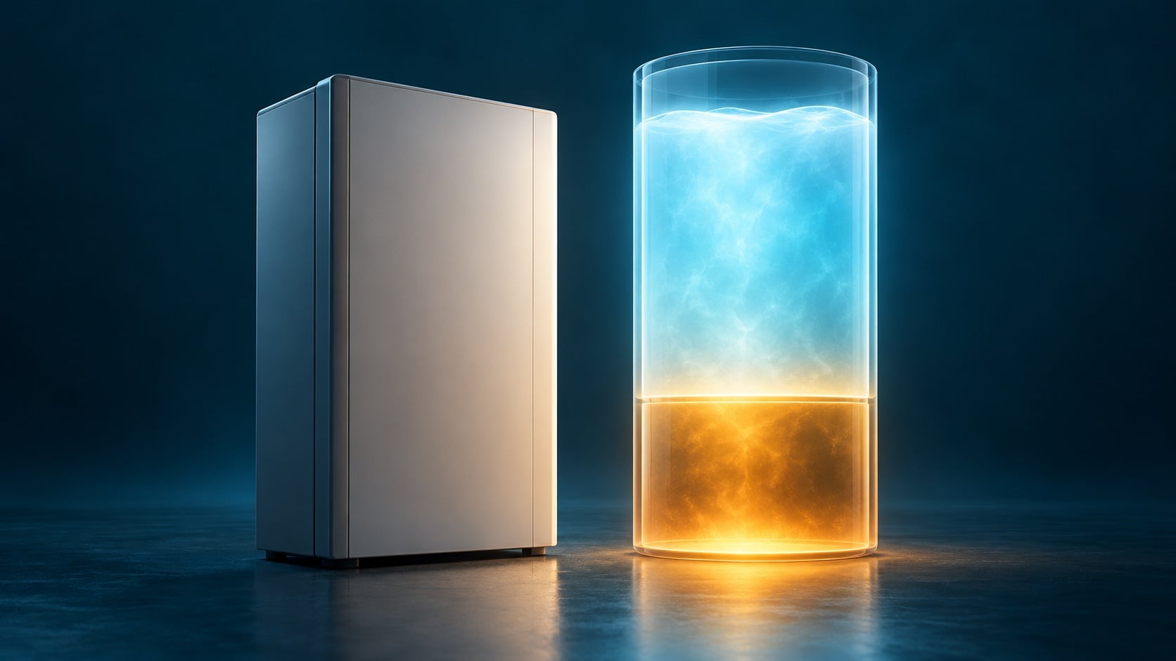 Conceptual home battery beside a divided energy vessel showing a held-back lower portion