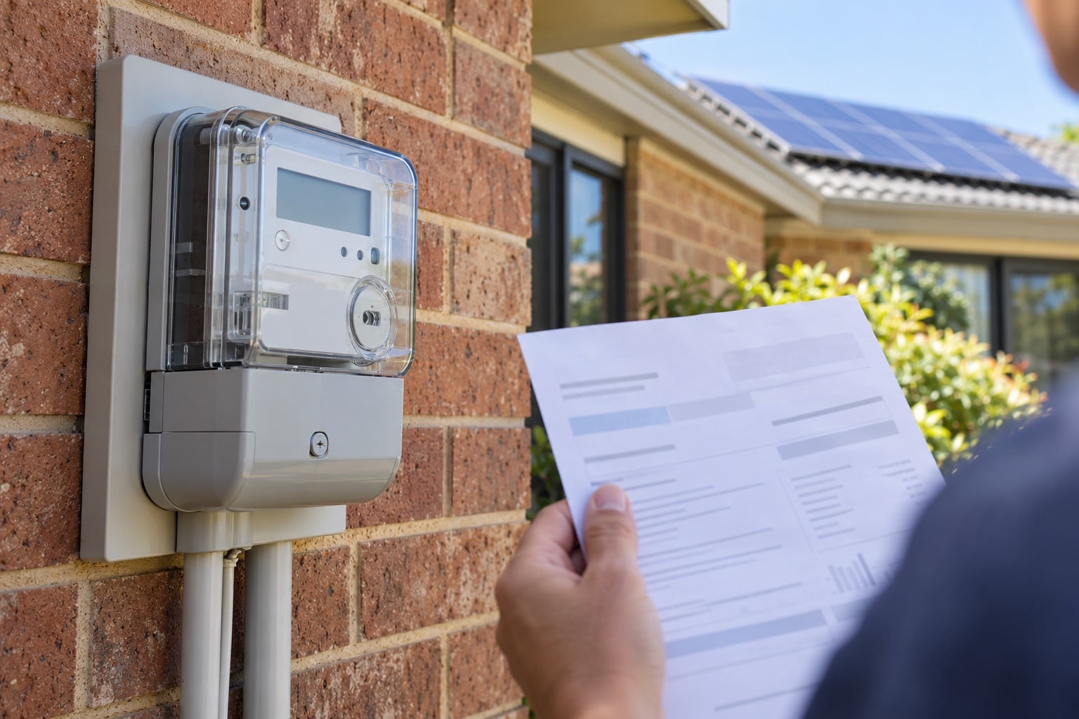 Sealed smart meter on a brick house beside a homeowner holding an electricity bill, with rooftop panels behind