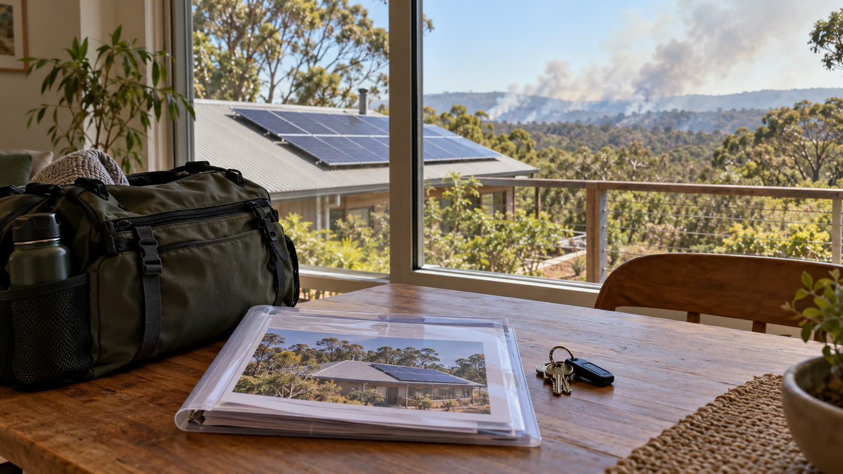 Solar-panel roof seen beyond a packed bag and system folder, with distant smoke over bushland