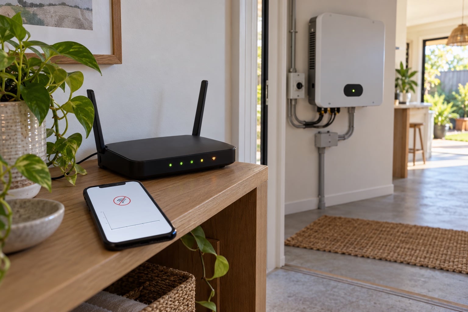 Home router and phone showing a stale solar graph, with a closed solar inverter visible through a doorway
