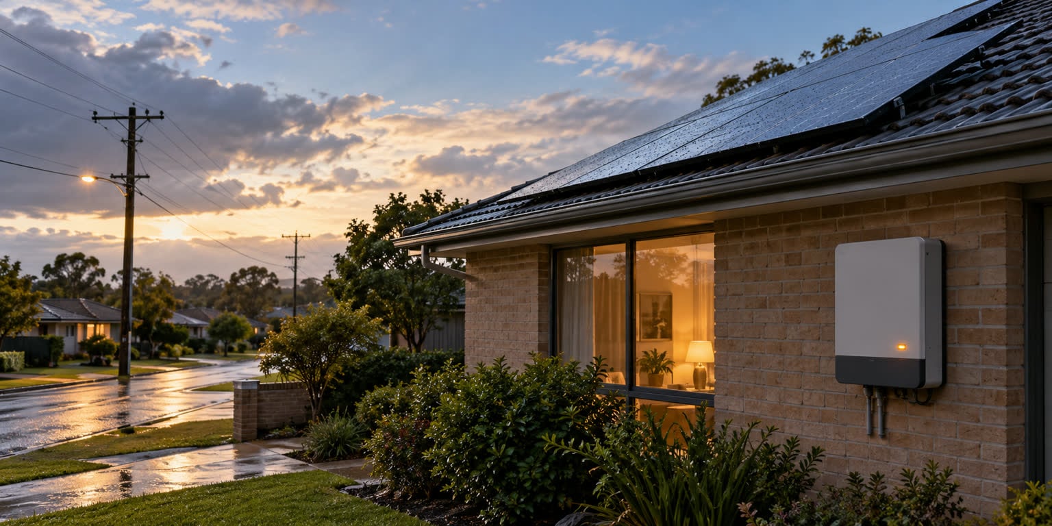 Solar panels on a suburban brick home after rain, with a lit room and a closed wall-mounted inverter visible near the electricity network