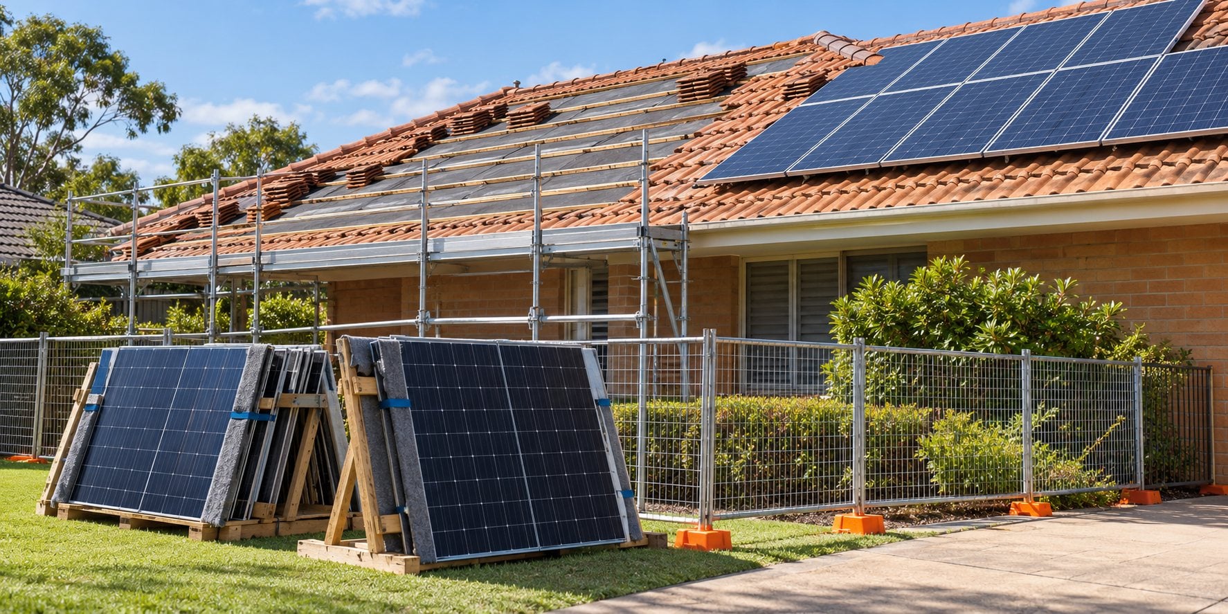 Existing solar panels secured on padded racks beside a tiled house roof undergoing planned repairs, with another array still on the roof