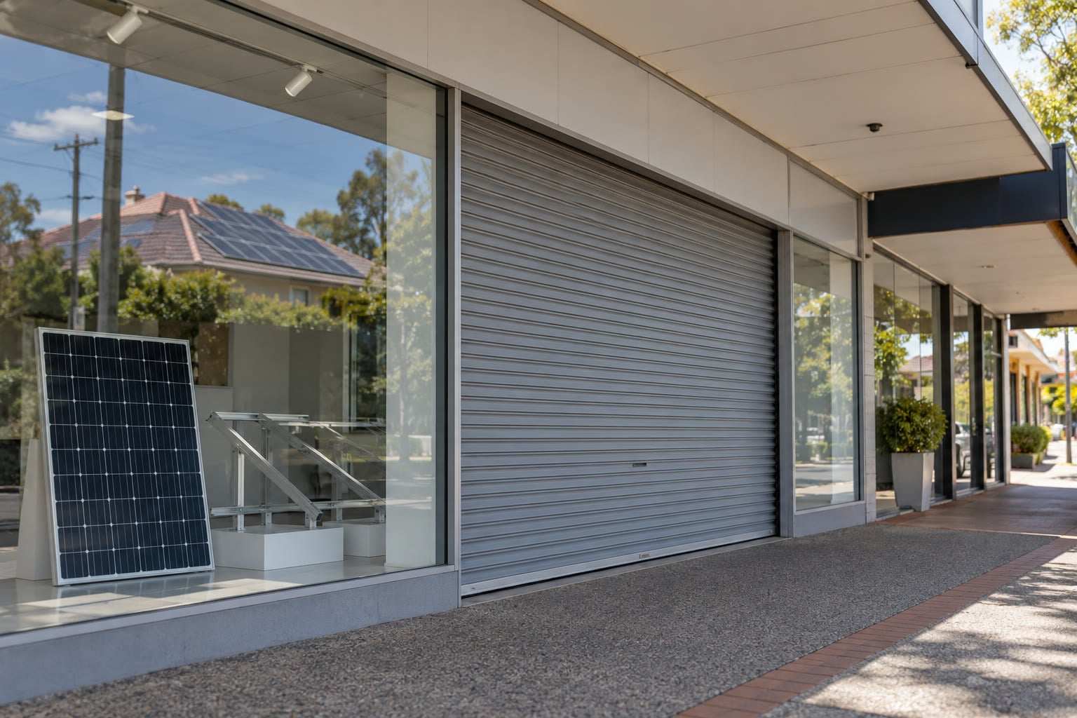 Shuttered unbranded solar retail shopfront with a display panel and a solar home reflected in the glass